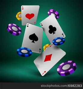 Falling playing cards and poker chips gambling background. Casino success game 3d vector concept. Chip for poker game and play card illustration. Falling playing cards and poker chips gambling background. Casino success game 3d vector concept