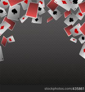 Falling playing cards isolate. Vector template for casino and gambling concept. Poker game card, gamble and chance, copyspace banner illustration. Falling playing cards isolate. Vector template for casino and gambling concept