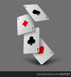Falling poker playing cards of aces isolated on transparent background. Vector illustration. Falling poker playing cards of aces