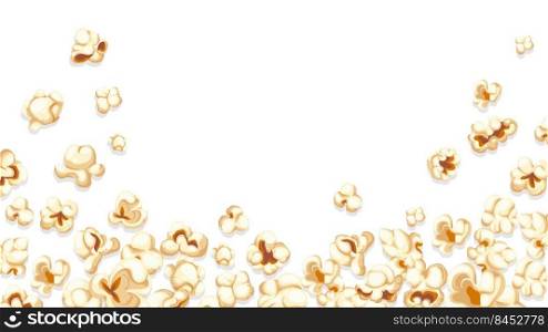 Falling popcorn background. Cartoon movie banner with fun cinema snacks of various shapes, framing cover with flying popping corn. Vector illustration of popcorn border frame. Falling popcorn background. Cartoon movie banner with fun cinema snacks of various shapes, framing cover with flying popping corn. Vector illustration