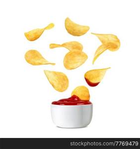 Falling realistic crispy potato chips and ketchup sauce. Vector wavy crunchy snack slices in motion fall into white ceramics bowl with ketchup. Delicious food promo ad, crisp meal promotion 3d chips. Falling realistic crispy potato chips and ketchup
