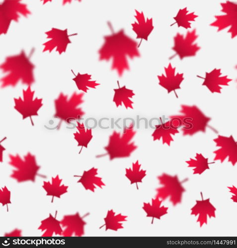 Falling red maple leaves seamless pattern. Canada Day, July 1st celebration concept. Flying autumn foliage isolated on a gray backdrop. Modern vector background for posters, flyers, textile, etc.. Falling red maple leaves seamless pattern. Canada Day, July 1st celebration concept. Flying autumn foliage.