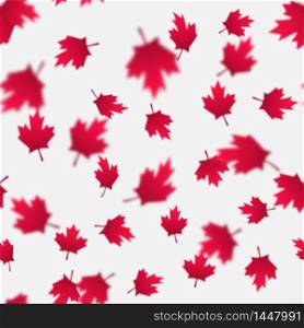 Falling red maple leaves seamless pattern. Canada Day, July 1st celebration concept. Flying autumn foliage isolated on a gray backdrop. Modern vector background for posters, flyers, textile, etc.. Falling red maple leaves seamless pattern. Canada Day, July 1st celebration concept. Flying autumn foliage.