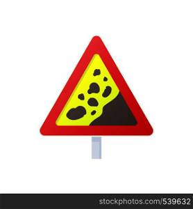 Falling rocks warning traffic sign icon in cartoon style on a white background. Falling rocks warning traffic sign icon