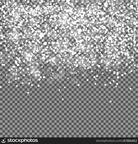 Falling Shining Snowflakes and Snow on Transparent Background. Christmas, Winter and New Year Background. Realistic Vector illustration for Your Design EPS10