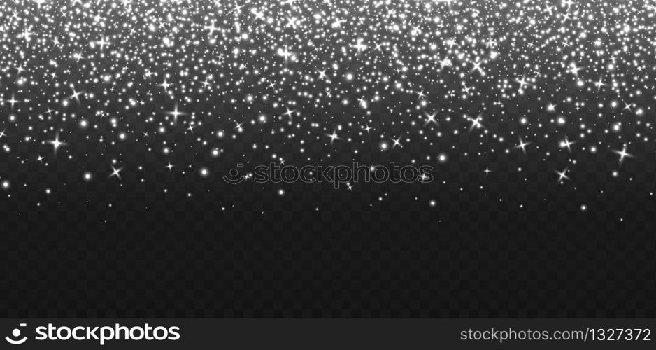 Falling silver sparkles, abstract luminous particles, white stardust isolated on a dark background. Flying Christmas glares and sparks. Luxury backdrop. Vector illustration.. Falling silver sparkles, abstract luminous particles, white stardust. Flying Xmas glares and sparks. Luxury backdrop.