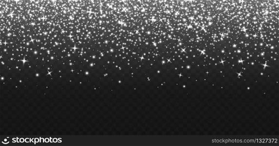 Falling silver sparkles, abstract luminous particles, white stardust isolated on a dark background. Flying Christmas glares and sparks. Luxury backdrop. Vector illustration.. Falling silver sparkles, abstract luminous particles, white stardust. Flying Xmas glares and sparks. Luxury backdrop.