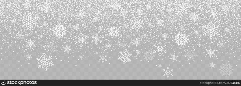 Falling Snow background. Snowfall on transparent background. Falling Snowflakes. Winter Christmas background. Realistic little Christmas Snow Panorama view. Snow with Snowflakes Christmas illustration. Eps10