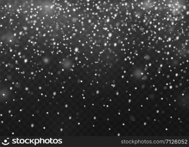 Falling snow. Christmas shining snowflakes in different shapes, snowfall and snow drifts, winter snowstorm new year landscape vector night holiday decoration mockup. Falling snow. Christmas shining snowflakes in different shapes, snowfall and snow drifts, winter snowstorm new year landscape vector mockup