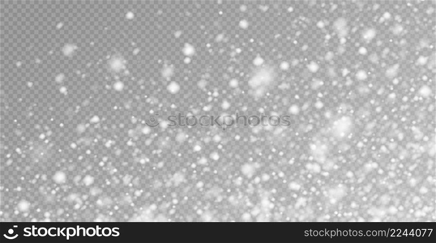Falling snow in motion, circular frame isolated on a transparent background. White blurred snowflakes flying in the air. Christmas decoration. Vector illustration.. Falling snow in motion, white blurred snowflakes flying in the air.