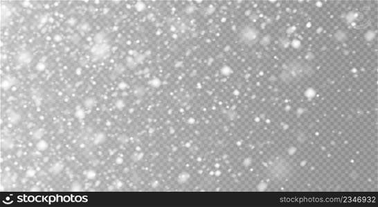 Falling snow in motion, circular frame isolated on a transparent background. White blurred snowflakes flying in the air. Christmas decoration. Vector illustration.. Falling snow in motion, white blurred snowflakes flying in the air.