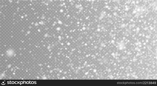 Falling snow in motion isolated on a transparent background. White blurred snowflakes flying in the air. Christmas decoration. Vector illustration.. Falling snow in motion, white blurred snowflakes flying in the air.