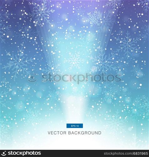 falling snow on the blue and purple background with light vector
