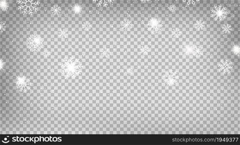 Falling snow. Snowflakes on transparent background, shine winter season vector illustration. Christmas snowfall effect, flake xmas banner. Falling snow. Snowflakes on transparent background, shine winter season vector illustration