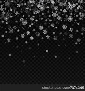Falling snowflake isolated vector winter decoration wallpaper. Magic christmas snowstorm background. Snowfall transparent wintertime illustration. Falling snowflake isolated vector winter decoration wallpaper. Magic christmas snowstorm background