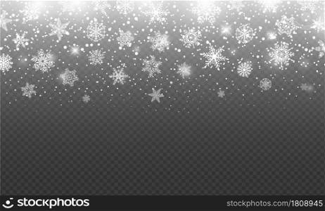Falling snowflakes and frosted snow, heavy snowfall overlay. Christmas snowfall with ice flakes, snow crystals. Winter snowy vector background. Xmas or new year holiday decoration with various flakes. Falling snowflakes and frosted snow, heavy snowfall overlay. Christmas snowfall with ice flakes, snow crystals. Winter snowy vector background