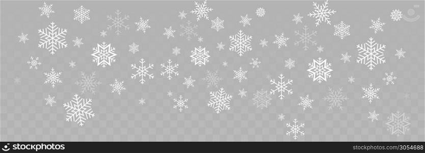 Falling Snowflakes different shape. Snowflakes, isolated on transparent background. Falling Snowflakes. Winter Christmas background. Realistic little Christmas Snow Panorama view. Christmas illustration. Eps10