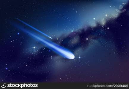 Falling star background. Realistic blue starry night sky with shooting comet and nebula. Meteor or asteroid with light tails. Galactic panorama. Infinity outer space. Vector cosmos wallpaper mockup. Falling star background. Realistic starry night sky with shooting comet and nebula. Meteor or asteroid with light tails. Galactic panorama. Outer space. Vector cosmos wallpaper mockup