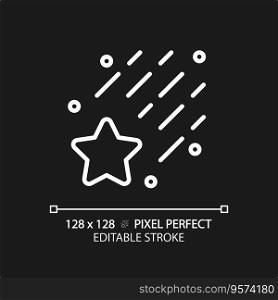 Falling star pixel perfect white linear icon for dark theme. Meteor shower. Make a wish. Night sky. Celestial body. Thin line illustration. Isolated symbol for night mode. Editable stroke. Falling star pixel perfect white linear icon for dark theme