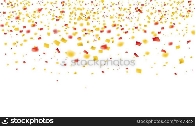 Falling tinsel, falling golden rain. Jackpot or success concept. Modern background. Vector illustration. Falling flying gold confetti and tinsel from the top golden rain. On a white background. Jackpot or success concept. Vector illustration isolated