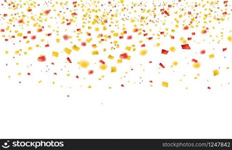 Falling tinsel, falling golden rain. Jackpot or success concept. Modern background. Vector illustration. Falling flying gold confetti and tinsel from the top golden rain. On a white background. Jackpot or success concept. Vector illustration isolated