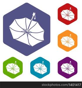 Falling umbrella icons vector colorful hexahedron set collection isolated on white. Falling umbrella icons vector hexahedron
