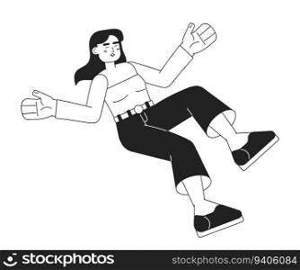 Falling young woman monochromatic flat vector character. Editable thin line full body happy caucasian lady on white. Simple bw cartoon spot image for web graphic design. Falling young woman monochromatic flat vector character