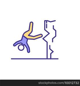 Falls from heights RGB color icon. Falling from high-rise building. Getting bodily injuries. Construction industry accidents. Personal trauma at workplace. Isolated vector illustration. Falls from heights RGB color icon