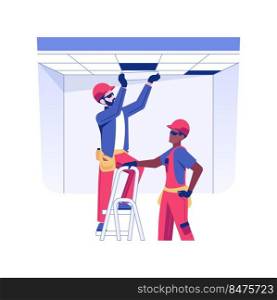 False ceiling installation isolated concept vector illustration. Builders installs a false ceiling, commercial construction process, interior works, panels mounting vector concept.. False ceiling installation isolated concept vector illustration.