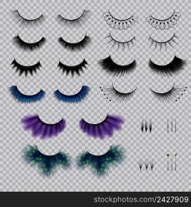 False eye lashes of various shape and color realistic set on transparent background isolated vector illustration. False Eye Lashes Realistic Set