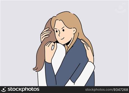 False friendship between two women hugging and conceived insidious plan in secret from friend. Insidious girl cunningly hugs crying female friend to console after breaking up with boyfriend. False friendship between two women hugging and conceived insidious plan in secret from friend