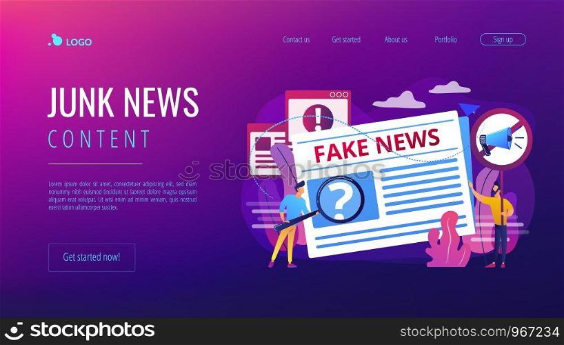 False information broadcasting. Press, newspaper journalists, editors. Fake news, junk news content, disinformation in media concept. Website homepage landing web page template.. Fake news concept landing page