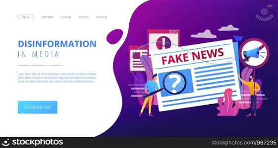 False information broadcasting. Press, newspaper journalists, editors. Fake news, junk news content, disinformation in media concept. Website homepage landing web page template.. Fake news concept landing page