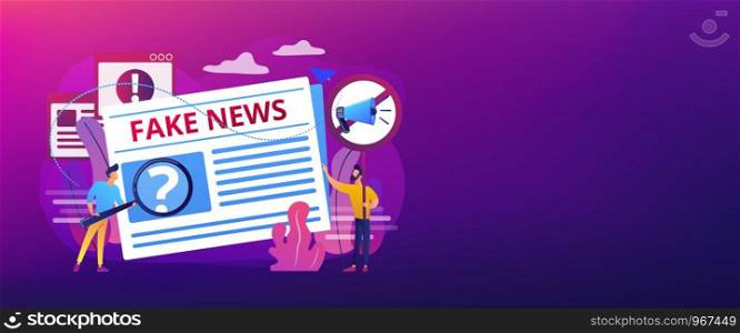 False information broadcasting. Press, newspaper journalists, editors. Fake news, junk news content, disinformation in media concept. Header or footer banner template with copy space.. Fake news concept banner header.