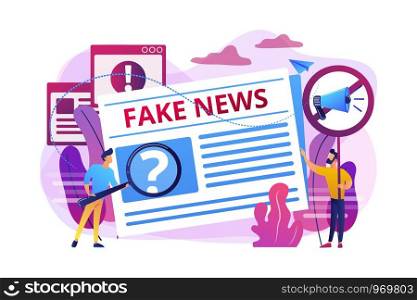 False information broadcasting. Press, newspaper journalists, editors. Fake news, junk news content, disinformation in media concept. Bright vibrant violet vector isolated illustration. Fake news concept vector illustration
