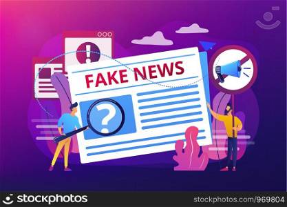 False information broadcasting. Press, newspaper journalists, editors. Fake news, junk news content, disinformation in media concept. Bright vibrant violet vector isolated illustration. Fake news concept vector illustration