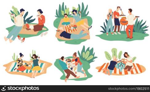 Families and couples on picnics, friends gathered together to eat and drink on nature. People spending weekends surrounded by forests and parks. Vacations and rest outdoors. Vector in flat style. Picnic on weekends, family and couples eating