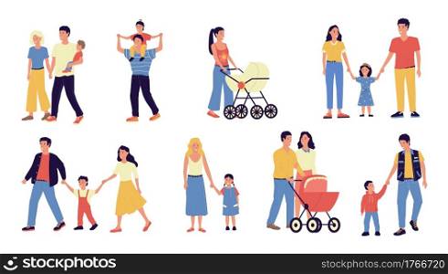 Families. Cartoon parents and kids walking together. Mothers hold children by hands. Fathers carry toddlers in baby carriages. Happy couples spend time with sons or daughters. Vector cute scenes set. Families. Parents and kids walking together. Mothers hold children by hands. Fathers carry toddlers in baby carriages. Couples spend time with sons or daughters. Vector cute scenes set
