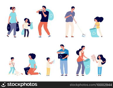 Families collect garbage. Men women and kids sorting recycling waste. People cleaning environment nature. Isolated vector family characters. Illustration collect garbage and recycling pollution. Families collect garbage. Men women and kids sorting recycling waste. People cleaning environment nature. Isolated vector family characters