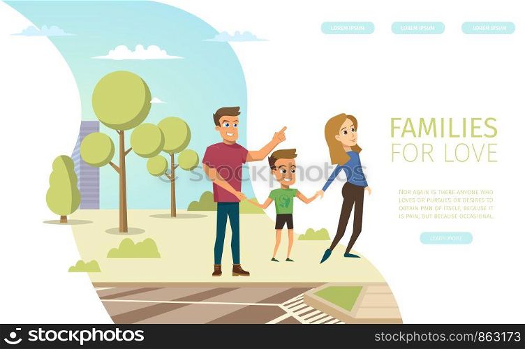 Families for Love Flat Vector Horizontal Web Banner with Happy Smiling Father and Mother Walking with Child, Spending Time In City Park with Little Son Illustration. Traditional Family Values Concept