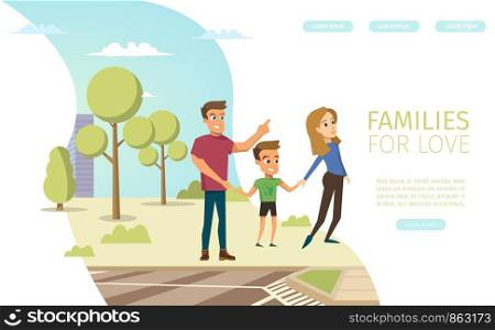 Families for Love Flat Vector Horizontal Web Banner with Happy Smiling Father and Mother Walking with Child, Spending Time In City Park with Little Son Illustration. Traditional Family Values Concept