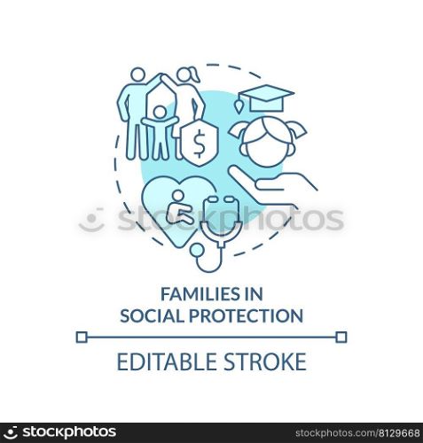 Families in social protection turquoise concept icon. Social protection activity abstract idea thin line illustration. Isolated outline drawing. Editable stroke. Arial, Myriad Pro-Bold fonts used. Families in social protection turquoise concept icon