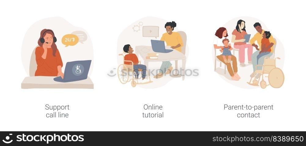 Families of children with special needs isolated cartoon vector illustration set. Support call line, online tutorial for parents with disabled kids, parent-to-parent contact vector cartoon.. Families of children with special needs isolated cartoon vector illustration set.