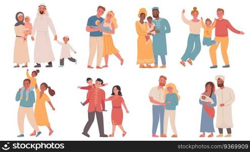 Families of different nationalities. Parents and children wearing traditional clothes. Arabic, african, indian and chinese family vector set. Illustration people family traditional with kids. Families of different nationalities. Parents and children wearing traditional clothes. Arabic, african, indian and chinese family vector set