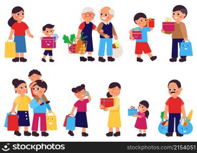 Families on shopping. Cute shop people, store customers with box and bags. Grandparents in supermarket, happy children hold purchase decent vector set. Illustration of family customer in supermarket. Families on shopping. Cute shop people, store customers with box and bags. Grandparents in supermarket, happy children hold purchase decent vector set