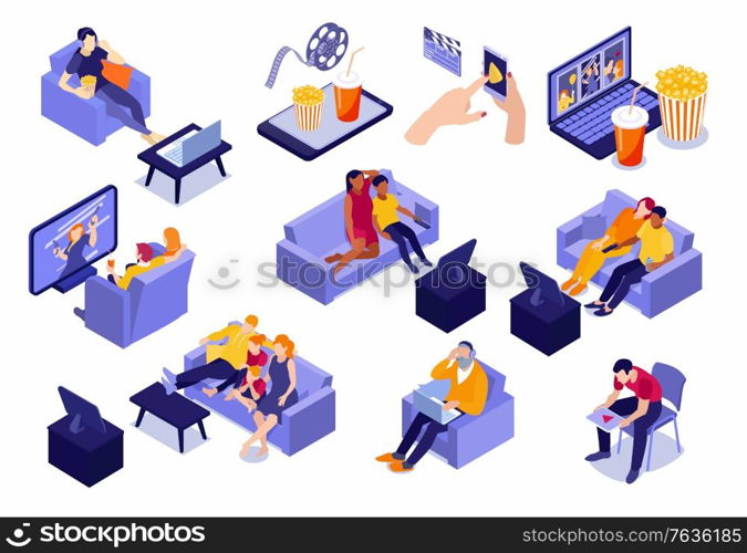 Families singles dating couples watching cinema home online on led screen laptop tablet isometric set vector illustration