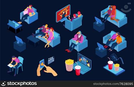 Families singles watching movie home online on led cinema screen laptop isometric dark background set vector illustration