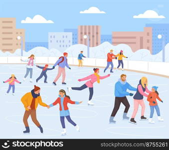Families skating ice rink. People in winter christmas scene, snow sports, fun fall children, adult couple with kid vacation in outside landscape, family park, vector. Illustration of winter skating. Families skating ice rink. People in winter christmas scene, snow sports, fun fall children, adult couple with kid vacation in outside landscape, family park, swanky vector