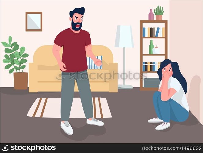 Family abuse flat color vector illustration. Panicking wife and angry husband 2D cartoon characters with living room on background. Domestic violence problem, abusive relationship, physical harassment. Family abuse flat color vector illustration