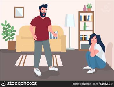 Family abuse flat color vector illustration. Panicking wife and angry husband 2D cartoon characters with living room on background. Domestic violence problem, abusive relationship, physical harassment. Family abuse flat color vector illustration